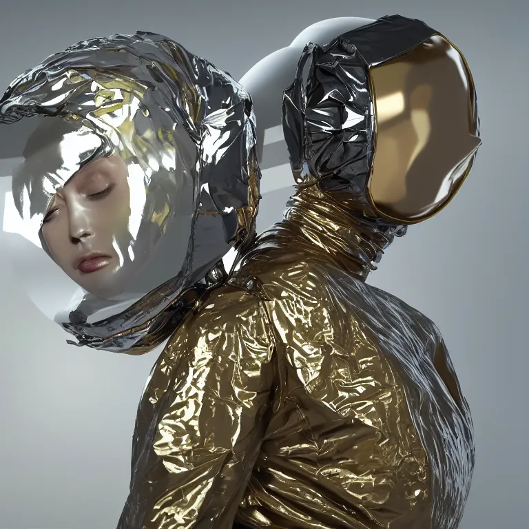 Image similar to octane render portrait by wayne barlow and carlo crivelli and glenn fabry, subject is a woman covered in folded aluminum foil space suit with a colorful metallic space helmet, floating inside a futuristic black and gold space station, cinema 4 d, ray traced lighting, very short depth of field, bokeh