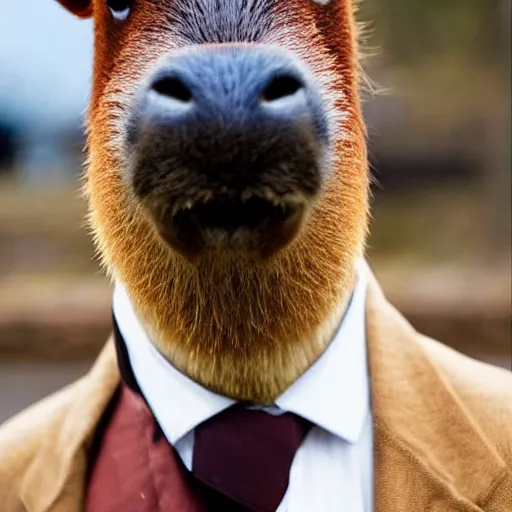 Image similar to an antropomorphic capybara wearing a suit smoking a cigar