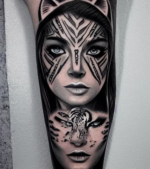 Image similar to tattoo design of a beautiful girl warrior under a tiger head, hyper realistic, realism tattoo, by eliot kohek, beautiful eyes, realistic face, black and white, white background