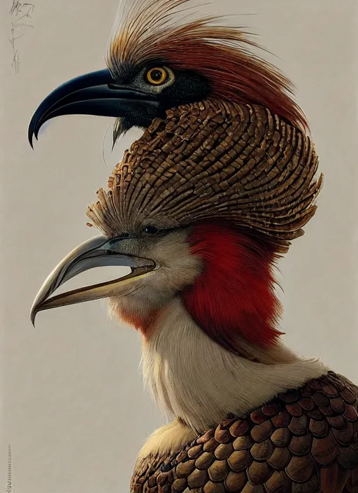 Prompt: rpg! profile! portrait of warrior bird on white background, beak, feathers, intricate, highly detailed, digital painting, artstation, concept art, smooth, sharp focus, illustration, art by norman rockwell emiliano ponzi andrey remnev yoann lossel john currin aaron jasinski ivan albright hsiao - ron cheng, 8 k