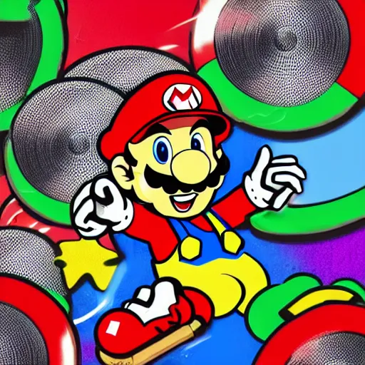 Image similar to svg sticker of a Pop-Wonder SuperMario, Mario-Wearing-a-red-hat, at a rave, spinning records, giant headphones rocking out, wearing headphones, huge speakers, dancing, rave, DJ, spinning records, digital art, amazing composition, rule-of-thirds, award-winning, trending on artstation, featured on deviantart