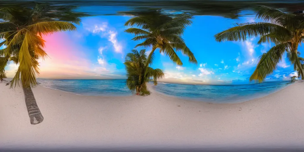 Image similar to 3 6 0 panorama hdr environment map of a being on the beach in miami during a sunset beach party photograph very high detail focus octane render