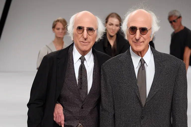 Prompt: Larry David posing on the catwalk fashion show Chanel, fashion week