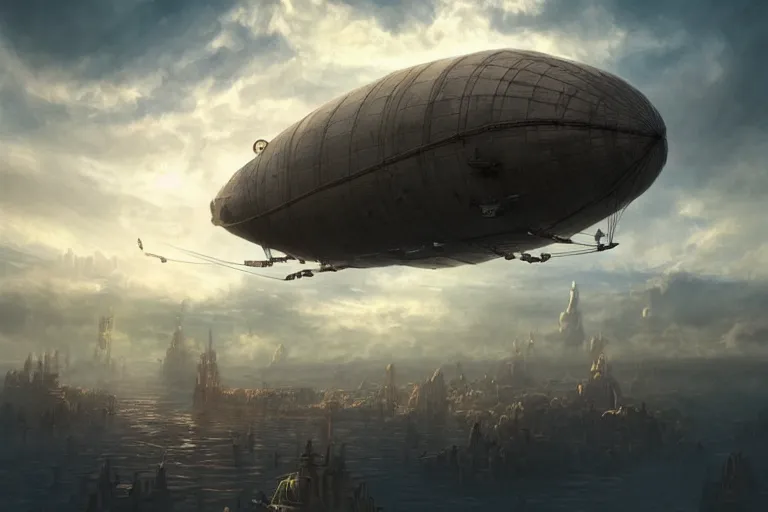 Prompt: An airship flying through the clouds towards a steampunk city, epic fantasy style, highly detailed, photorealistic, reflections, smooth, sharp focus, concept art, illustration, beautiful, geometric, trending on artstation, cinematic, featured on behance , artwork by WLOP and Tran, Ross