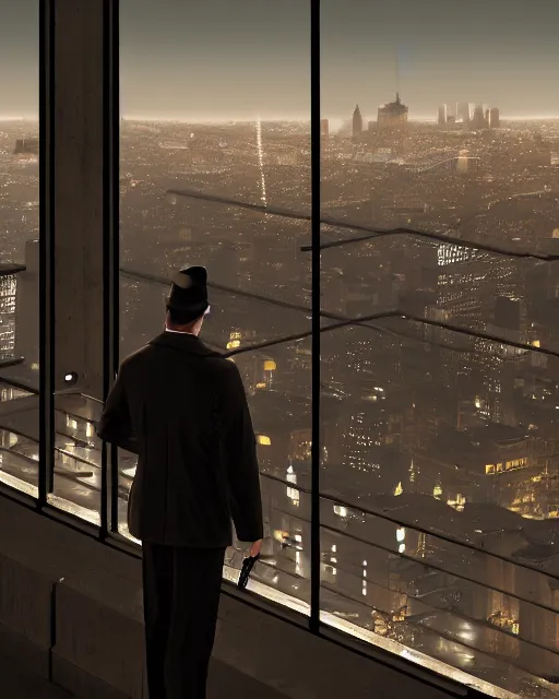 Image similar to a night rooftop scene, close up shot of a photorealistic gangster wearing a trench coat looking at the city below, unreal engine, hyper realism, realistic shading, realistic lighting