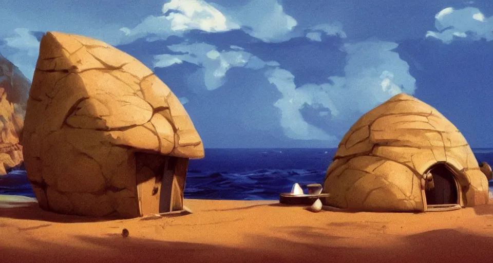 Image similar to environment art, tiny seashell house where a hermit girl lives, atmospheric cinematography by syd mead and emmanuel lubezki