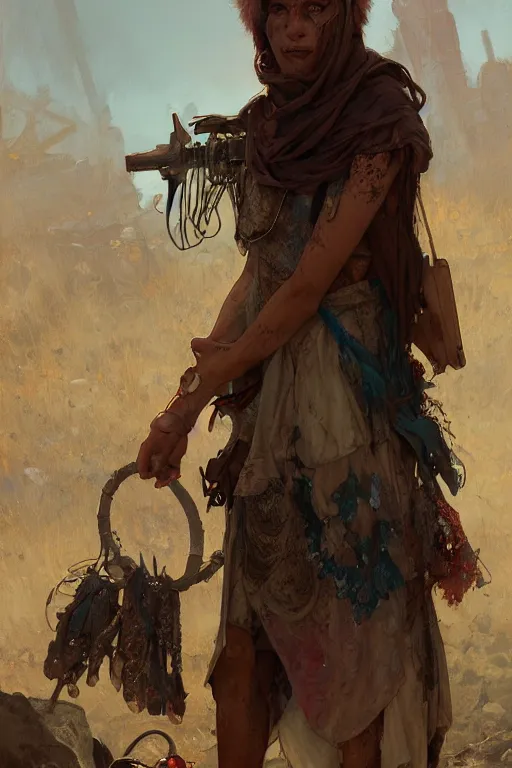 Image similar to a full body portrait of a beautiful post apocalyptic offworld farmers district bedouin blind pulp fiction scarlet wild rogue barbarian leper begging by the roadside, intricate, elegant, highly detailed, digital painting, artstation, concept art, smooth, sharp focus, illustration, art by krenz cushart and artem demura and alphonse mucha