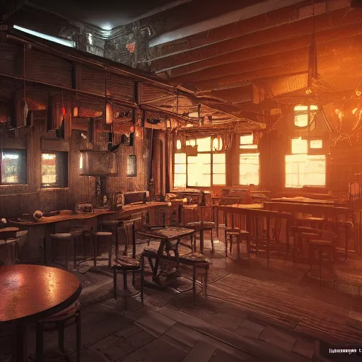 Prompt: Interior Concept design Tavern in Mixed style of Medieval and in style of Cyberpunk, Many details by Hiromasa Ogura. Panorama 360 degrees Rendered in unreal engine 5, artstationHD, 4k, 8k, 3d render, 3d Houdini, cinema 4d, octane RTX volumetric natural light