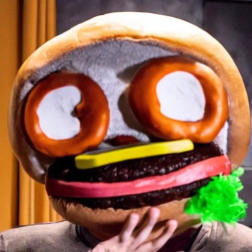 Prompt: will smith, wearing a costume that looks like a burger, photograph, dancing, burger costume, 4 k