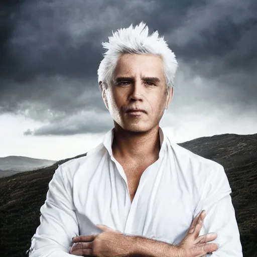 Image similar to a portrait of a young handsome prince, fringy white hair, white shirt, black tunic, smooth, epic clouds, beautiful landscape, backlit, incredible lighting, strong rim light, highly detailed, god rays, digital painting, HDRI, by Heise Jinyao, Heise-Lian Yan Fang, Feimo, Richard Taddei, vivid colors, high contrast, 8k resolution, intricate, photorealistic