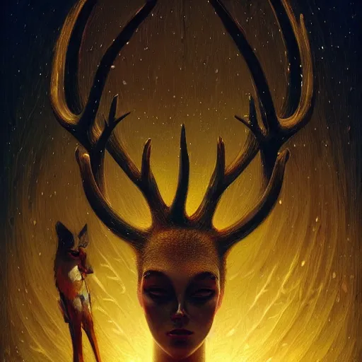 Prompt: a dramatic portrait of a woman showing affection to deer, cinematic lighting, symmetric face by karol bak, christopher balaskas