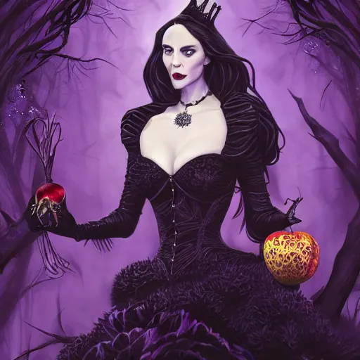 Image similar to evil queen holding up a crystal apple with both hands, wearing a black dress with big collar, a violet magical jungle in the background. in the style of magic the gathering, james jean, ross tran, craig mullins. yennefer vengerberg, magical atmosphere, superdetailed illustration, 3 d art overpain, 8 k