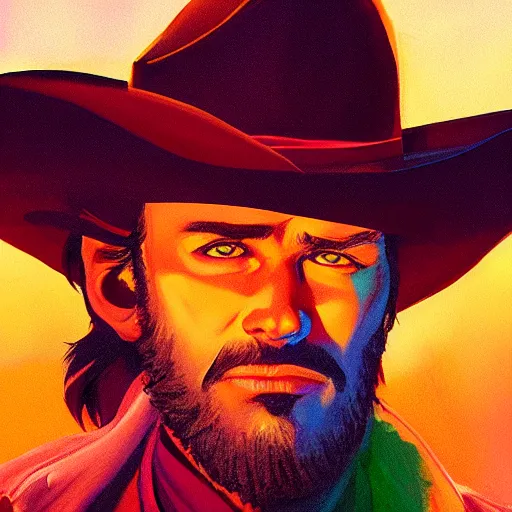 Prompt: Bright, colorful, realistic cowboy rpg single individual headshot dramatic backlighting, kodachrome, high contrast, highly detailed, sharp focus, digital painting, concept art, illustration, trending on artstation, comic book by Alex Ross cover art