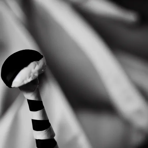 Prompt: a dramatic black-and-white macro photograph of an ice cream cone dressed in a formal tuxedo, ready for the big event on stage. Shallow depth-of-field.