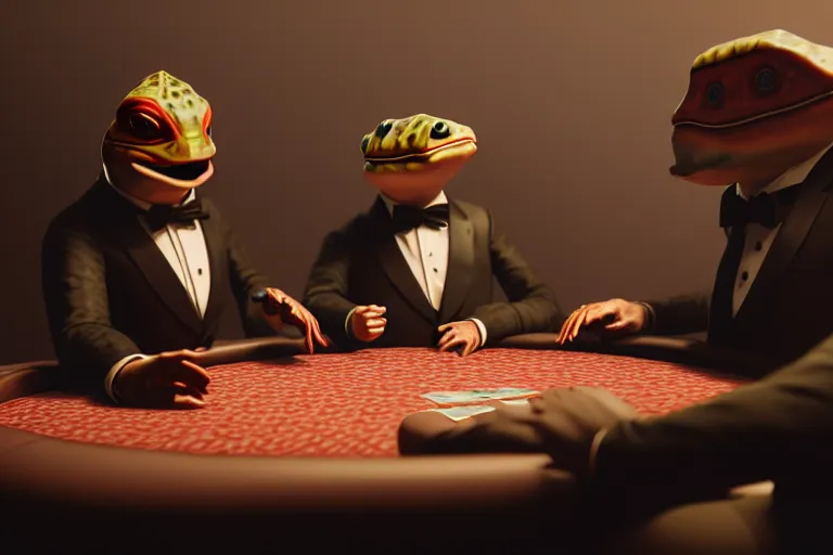 Image similar to hyperrealism simulation highly detailed human turtles'wearing detailed tuxedos and smoking, playing poker in hyperreilsm scene from cyberpunk movie from future by wes anderson and denis villeneuve and mike winkelmann rendered in blender and octane render