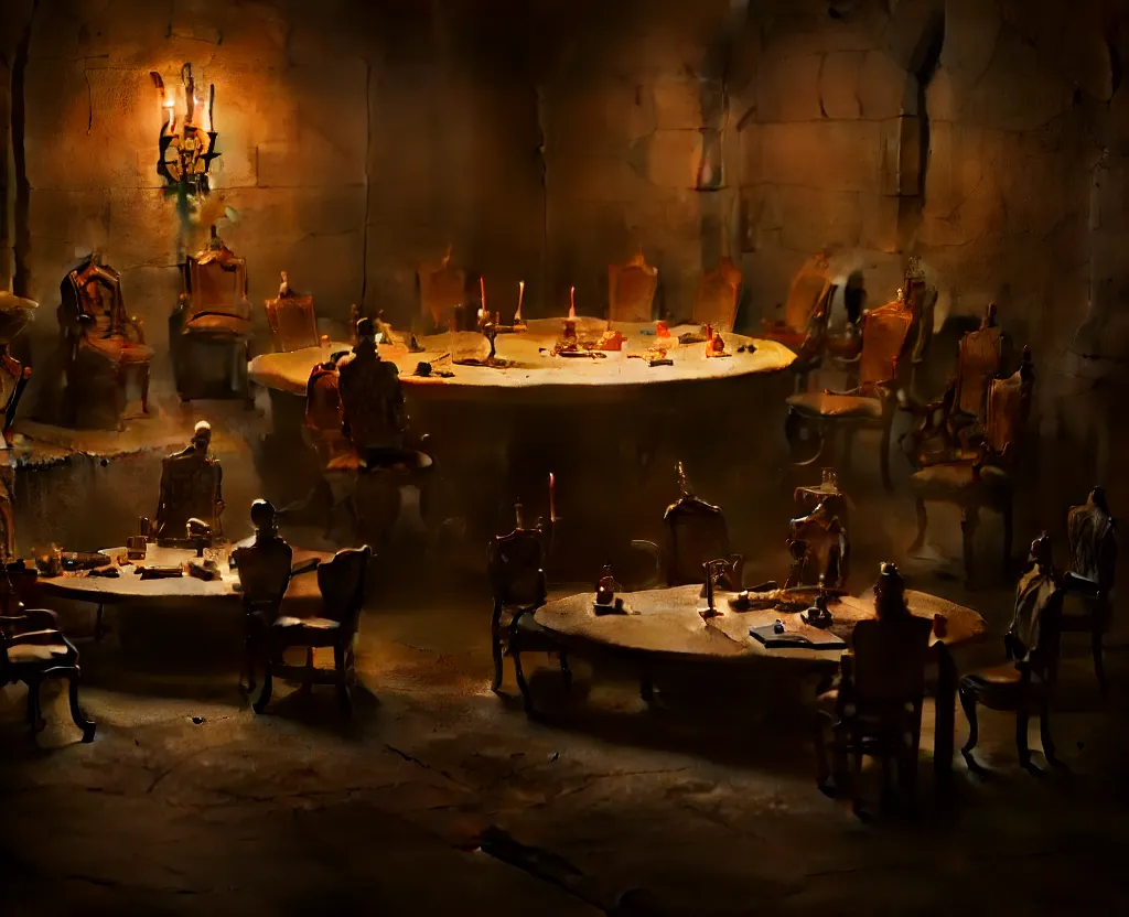 Prompt: the forbidden underground meetings of the traitors, a dimly lit stone room, a single table, some old chairs, all traitors are debating how to kill the king, cinematic landscape, betrayal in the air, octane render, artstation