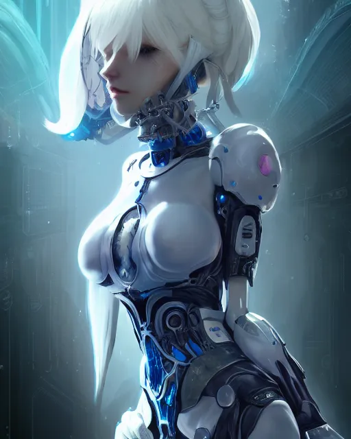 Image similar to holy cyborg necromancer girl, elegant, perfect face, scifi, futuristic, utopia, garden, illustration, atmosphere, warframe, blue eyes, white hair, focused, artstation, nier automata, highly detailed, art by yuhong ding and chengwei pan and serafleur and ina wong