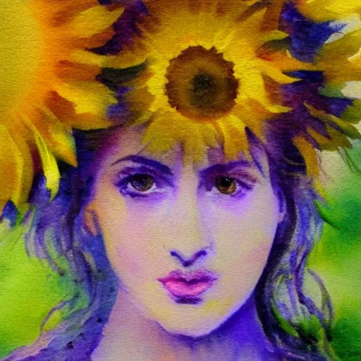 Image similar to molly sanden, watercolor, in the style of claude monet, beautiful face, sunflowers, award winning, hd, 4 k, purple, blue -