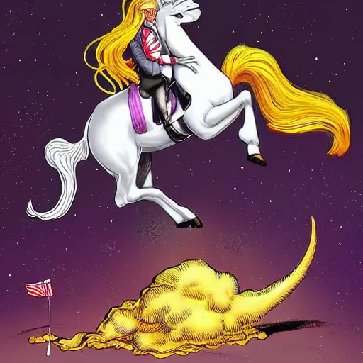 Image similar to Donald Trump riding a unicorn. digital art by Simon Bisley