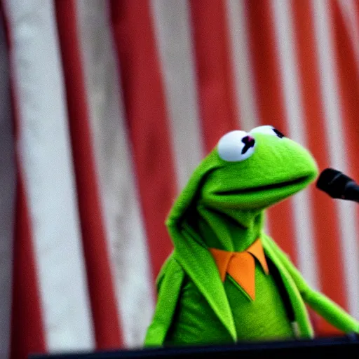 Image similar to Kermit the Frog wearing a suit, sitting in front of a microphone, shouting at congress.