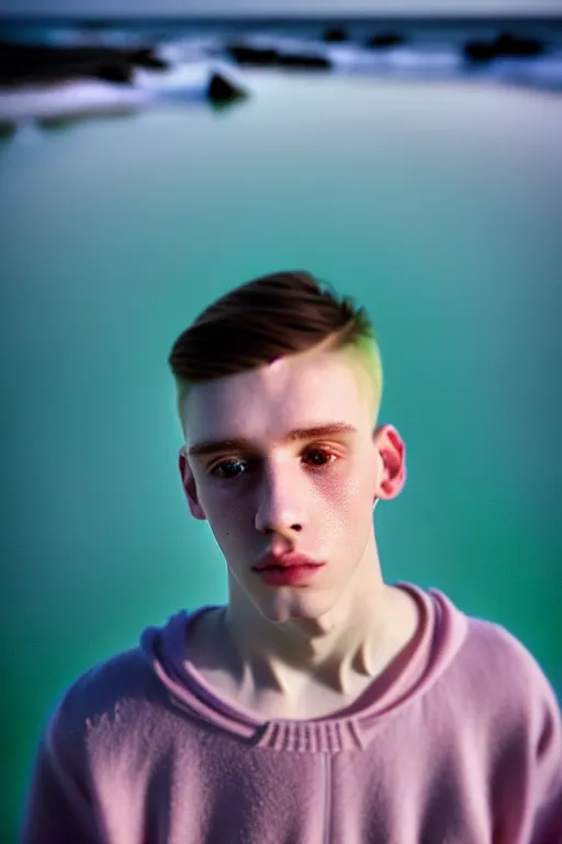 Prompt: high quality pastel coloured film mid angle portrait photograph of a beautiful young 2 0 year old male, soft features, short black hair, baggy oversized inflated clothing!!!!! icelandic black rock pool environment. atmospheric. three point light. photographic. art directed. ( pastel colours ). volumetric light. clearcoat. waves glitch. 8 k. filmic.