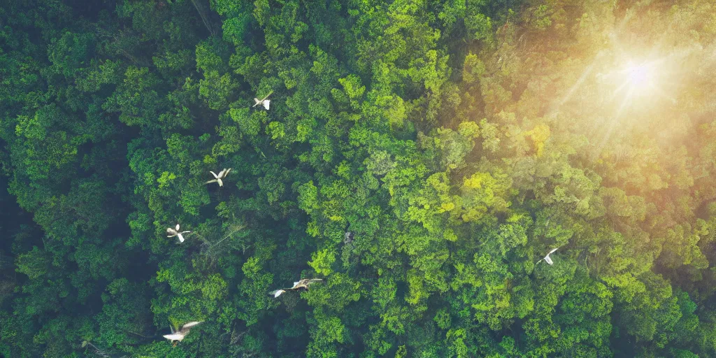 Image similar to horizontal view of sunlit rainforest treetops with flying birds, photograph, 4 k