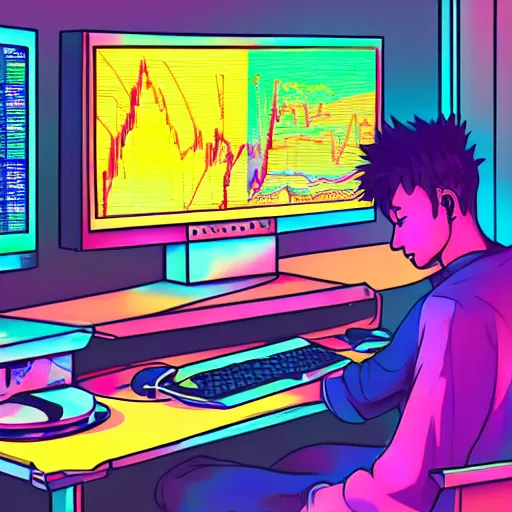 Prompt: a man sitting on his computer staring at several computer monitors showing crypto trades, colourful, chill, anime asthetic, neon glow, gamer, playstation 2, digital illustration, in style of lofi hip hop - n 4