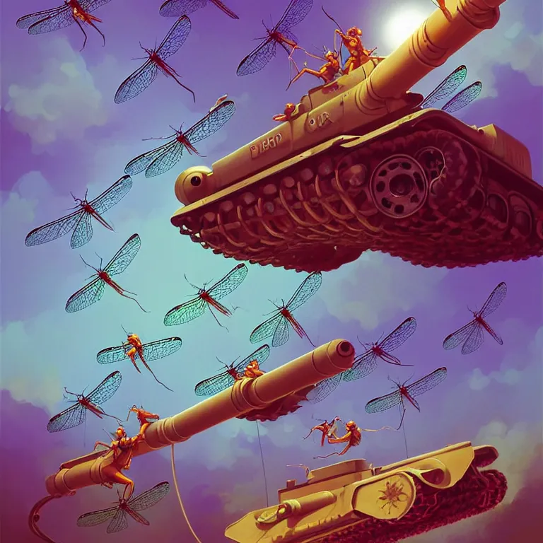 Image similar to a horde of dragonflies using cables to lift a tank, mid-air, suspended, fantasy, sunspots, motion, digital art by RHADS and Moebius, artstation