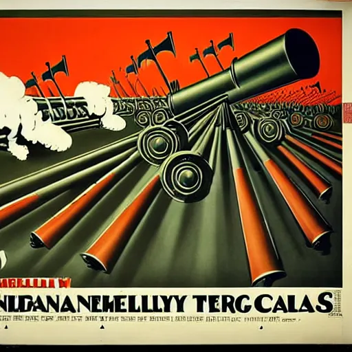 Image similar to propaganda poster featuring an extremely large number of artillery cannons, artillery, guns, limited palette, ww 1