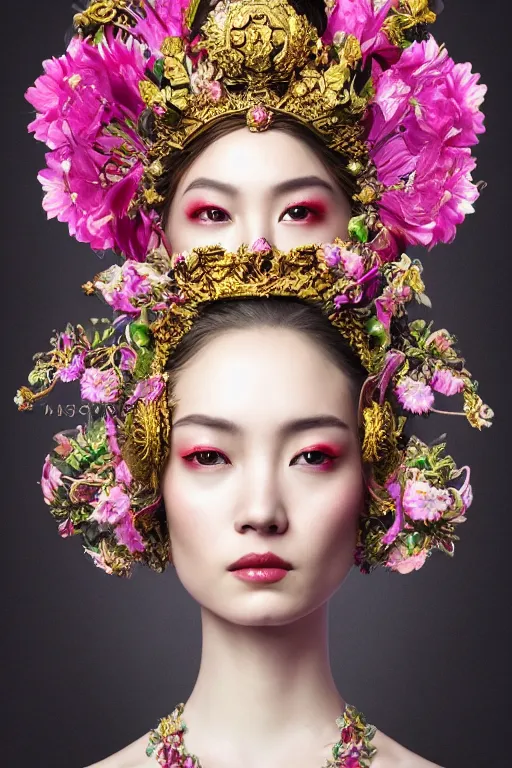 Image similar to a beautiful empress portrait, with a brilliant, impossible striking big flower headpiece, clothes entirely made out of flowers, symmetrical, dramatic studio lighting, rococo, baroque, jewels, asian, hyperrealism, closeup, D&D, fantasy, intricate, elegant, highly detailed, digital painting, artstation, octane render, 8k, concept art, matte, sharp focus, illustration, art by Artgerm and Greg Rutkowski and Alphonse Mucha