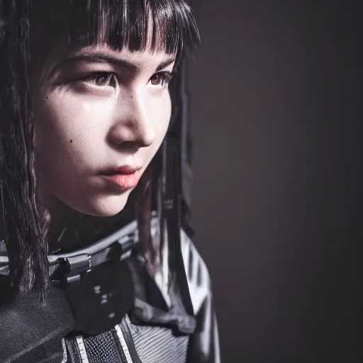 Image similar to photograph of a techwear mixed young woman inside a hidden club, closeup, brutalist design, cyberpunk, sigma 85mm f/1.4, 4k, depth of field, high resolution, 4k, 8k, hd, full color