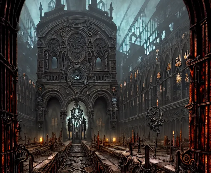 Image similar to steam necropolis, memento mori, gothic, neo - gothic, art nouveau, hyperdetailed copper patina medieval icon, stefan morrell, philippe druillet, ralph mcquarrie, concept art, steampunk, unreal engine, detailed intricate environment, octane render, moody atmospherics, volumetric lighting, ultrasharp, ominous, otherworldly