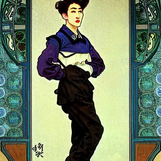 Image similar to full body painting of grumpy handsome thin beautiful young man in his 2 0 s named min - jun in a french female maid outfit, modern clothing, elegant, clear, painting, stylized, delicate facial features, stylized thin lines, soft but grumpy, highly detailed, art, art by alphonse mucha