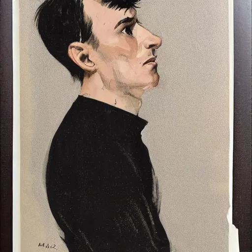 Image similar to art of a portrait by marc davis, a man in his thirties, mix between french, turkish and russian, short black hair with bangs, very tall and slender, wearing a retro - futuristic beige and black utilitarian jumpsuit.