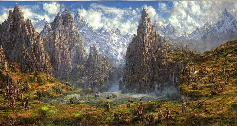 Image similar to Masterfully drawn mspaint art piece of middle-earth by James Gurney. Amazing beautiful incredible wow awe-inspiring fantastic masterpiece gorgeous fascinating glorious great.