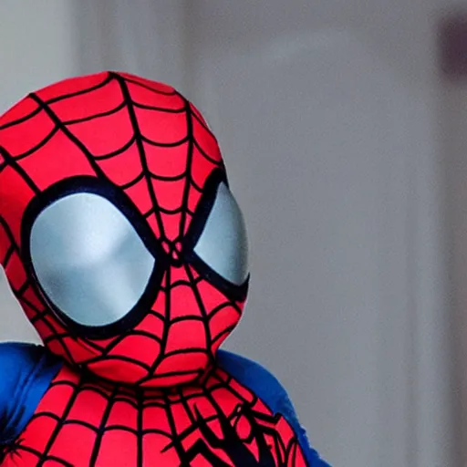 Image similar to realistic photo of spiderman holding baby wearing spiderman costumes