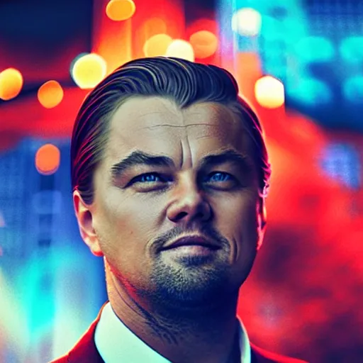 Image similar to “Leonardo DiCaprio, beautiful, Magic FX, red blue colors, lights, bokeh, highly detailed portrait, photorealistic, ultra detailed”