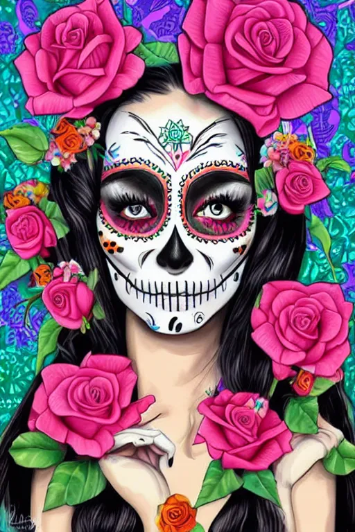 Image similar to Illustration of a sugar skull day of the dead girl with roses art by Sandra Chevrier, Lisa Frank