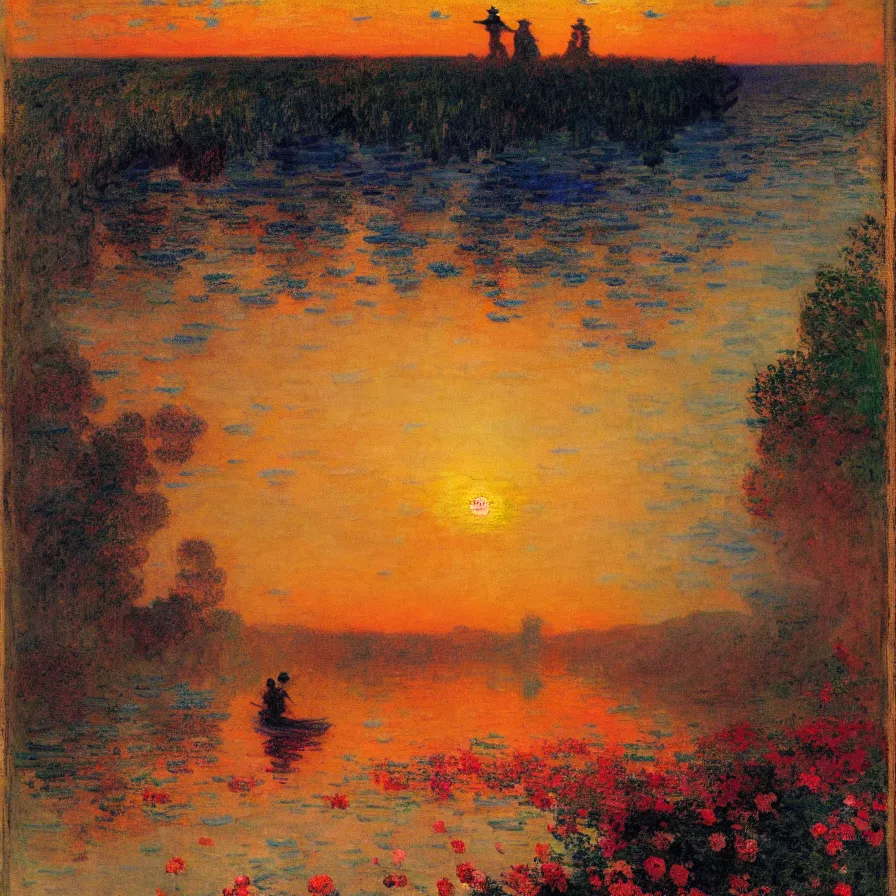 Image similar to cover artwork about a metaphorical highway to the sunrise, painted by gaston de la touche, winslow homer, thomas moran, steve mitchell and claude monet