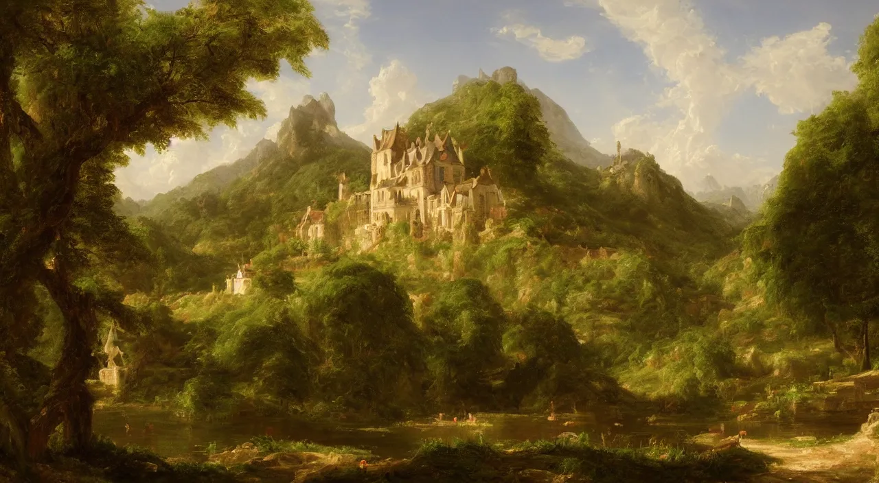 Prompt: a landscape painting of a French castle, with a garden, by Thomas Cole, trending on artstation