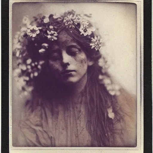 Prompt: portrait of a beautiful woman corpse covered in flowers, 1910 polaroid photography,