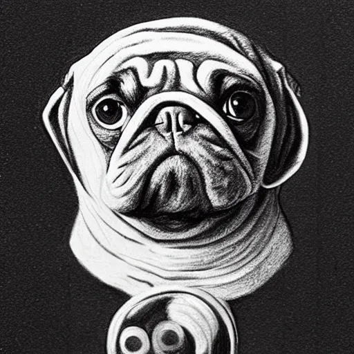 Image similar to pencil art, golden - ratio, spirals, highly detailed, astronaut pug in outer space by davinci.