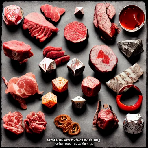 Prompt: d20 made of meat, dnd, dice, dungeons and dragons, steak, beef, oily, glisten, juicy, gaming, in the style of food photography, food stylist, monster manual,
