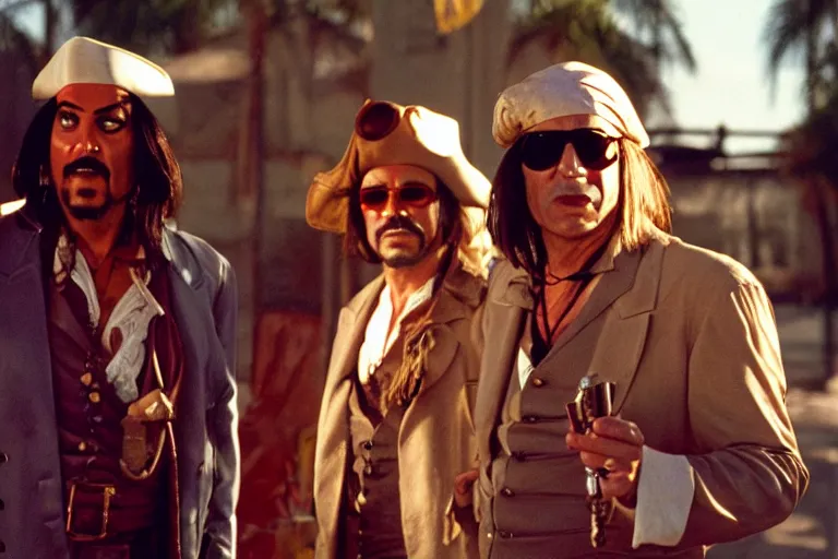 Image similar to captain sparrow and anton chigurh in fear and loathing in las vegas movie, all faces are contorted, shock, repulsion, disgust, annoyance, cinematic still, movie still, long lens, shallow depth of field, bokeh, anamorphic lens flare, 8 k