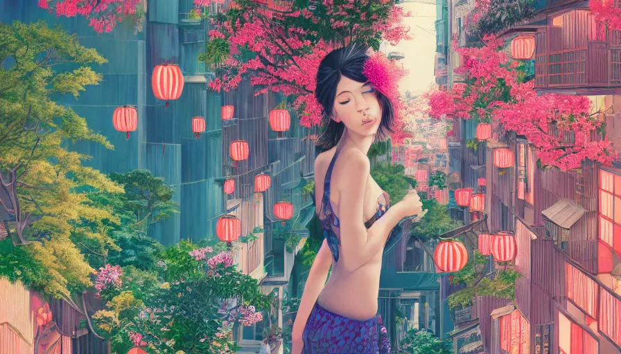 Prompt: a vibrant dream of a beautiful girl wearing gucci from behind on a balcony looking out over a dreamy street in kyoto japan, lush plants, glowing paper lanterns, high fashion, magic details, by james jean, hd, 8 k, trending on artstation, uhd,