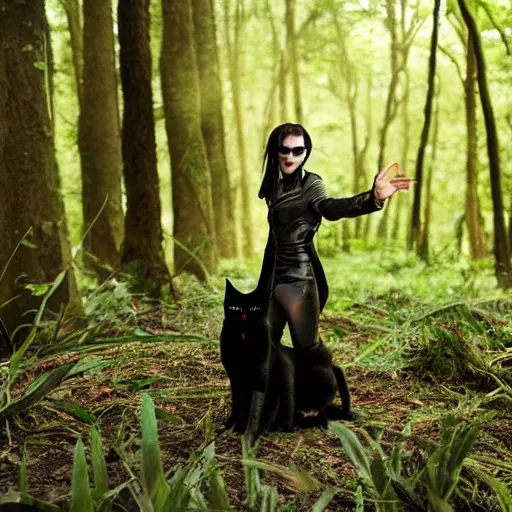 Prompt: a fantasy style mix of Neo from the Matrix in a forest and cute black cats, 50mm lens