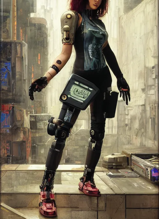 Prompt: Nikki Tanaka. Beautiful Feminist Cyberpunk mechanic with robotic legs. (Cyberpunk 2077, bladerunner 2049). Iranian orientalist portrait by john william waterhouse and Edwin Longsden Long and Theodore Ralli and Nasreddine Dinet, oil on canvas. Cinematic, vivid colors, hyper realism, realistic proportions, dramatic lighting, high detail 4k