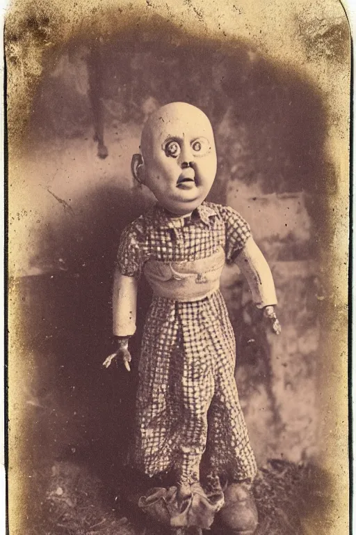 Prompt: dirty cracked crying vintage evil bald doll no mouth sitting in dirt basement cobwebs tintype photo
