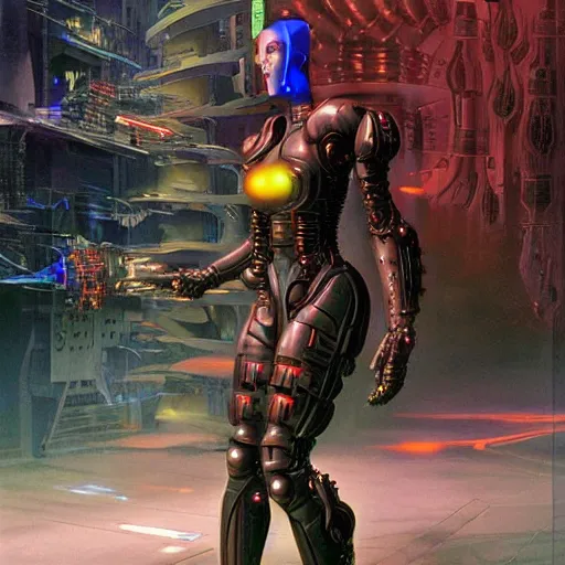 Image similar to a epic female cyberpunk powered armor, super complex and instruct, epic stunning atmosphere, hi - tech synthetic rna bioweapon nanotech demonic monster horror by syd mead, michael whelan, jean leon gerome, junji ito
