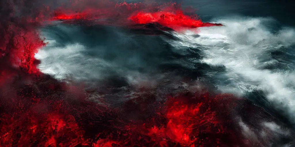 Prompt: a churning, boiling red sea with lots of smoky black and red steam, fantasy digital art, octane render, beautiful composition, trending on artstation, award-winning photograph, masterpiece